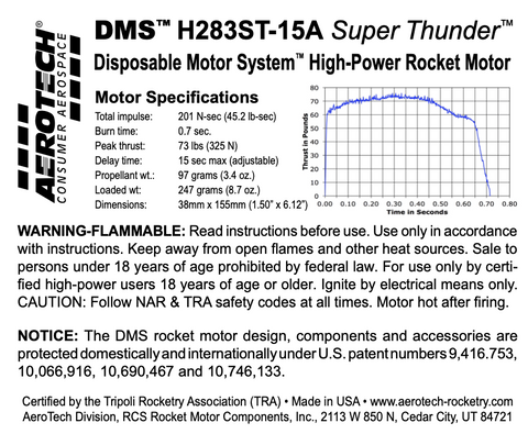 AeroTech H283ST-15A 38mm x 155mm Single Use DMS 1-Motor Kit - 082814