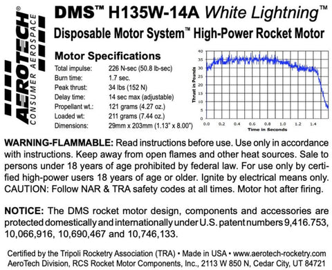 AeroTech H135W-14A 29mm x 203mm Single Use DMS 1-Motor Kit - 081314