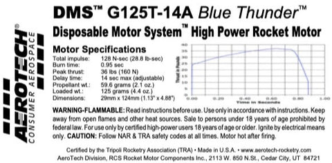 AeroTech G125T-14A 29mm x 124mm Single Use DMS 1-Motor Kit - 071214